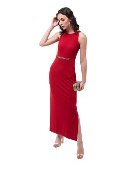 Miss Chase Women's Cherry Red Solid Slim Fit Round Neck Sleeveless Maxi Dress 