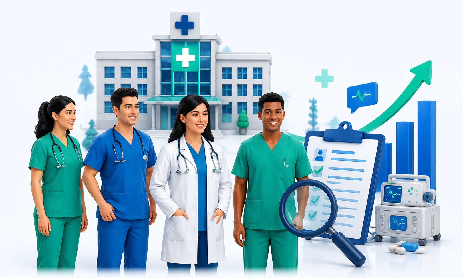 Healthcare team with career growth chart