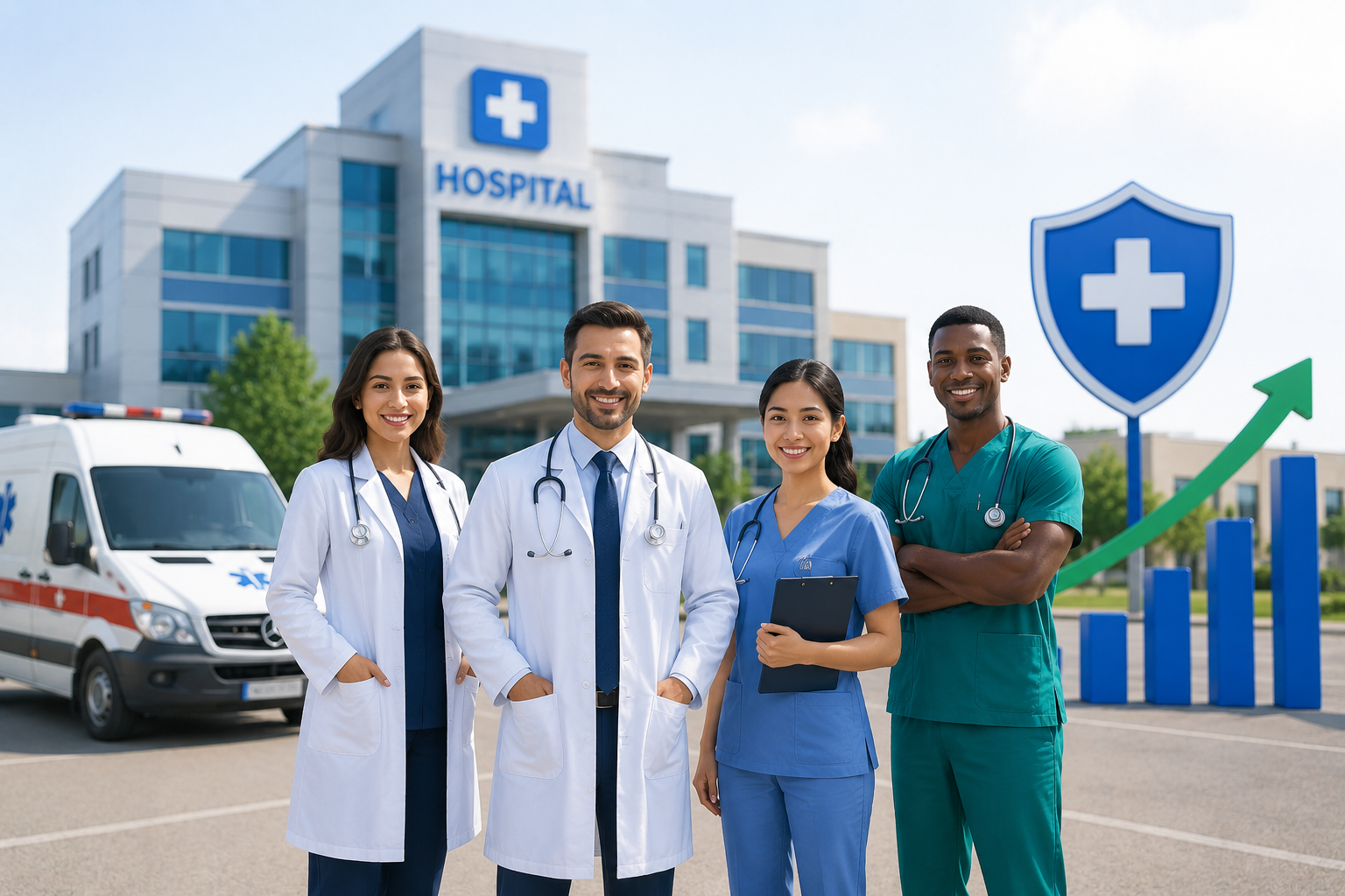 Healthcare professionals with an ambulance