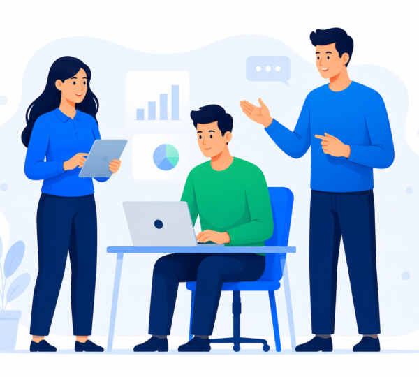 Team collaborating around a table during an office discussion