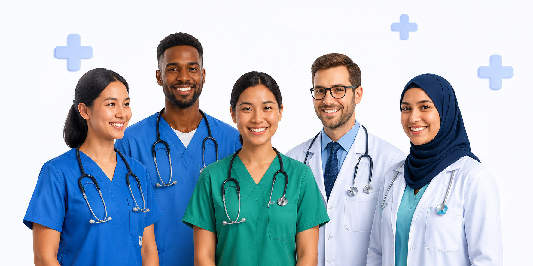 Diverse healthcare team smiling together