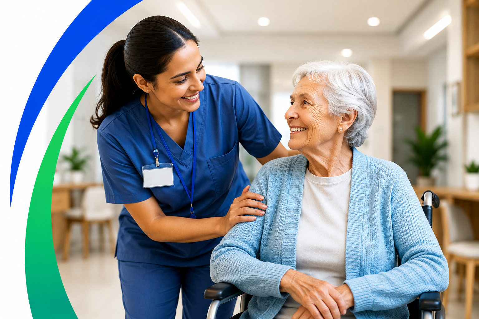 Caregiver supporting a patient in a modern clinic