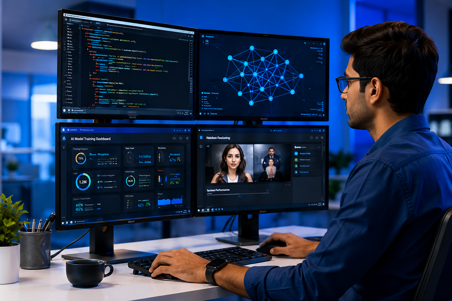 AI Engineer working with multiple monitors
